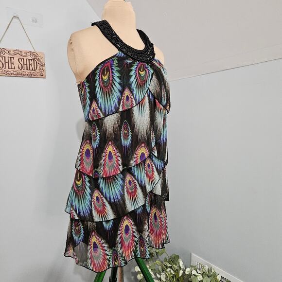 XXI Peacock Layered Tunic Beaded High Neck Top Small Fairy Retro Glam Feather - Picture 3 of 14